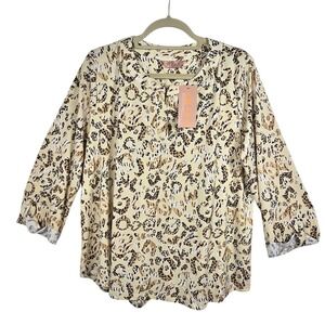 AMANA Women 2X Animal Print Blouse Tan Black 3/4 Roll Tab Sleeve Back Button NEW